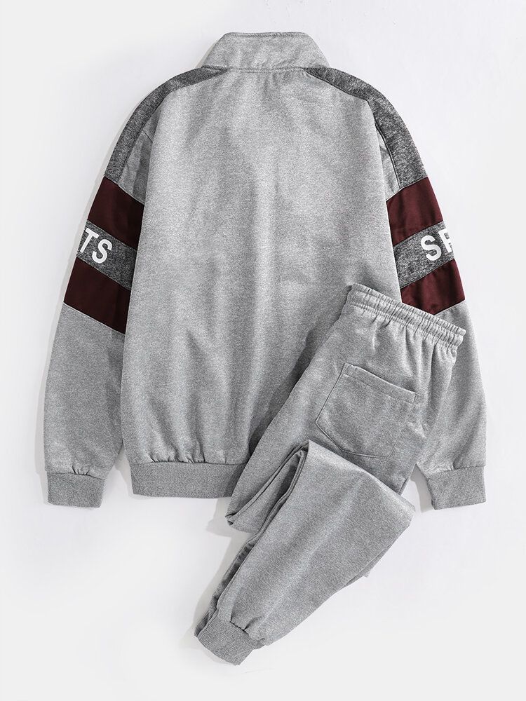 Herr Patchwork Stativ Krage Jacka Joggerbyxor Sportdragkedja Tvådelade Outfits