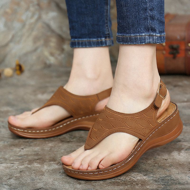 Dambroderi Clip Toe Elastiskt Band Bekvämt Casual Summer Wedge Sandaler