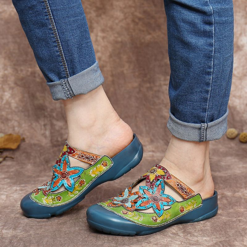 Handgjorda Läder Dubbade Blommiga Slip-on Flat Slides Mules Clogs Sandaler