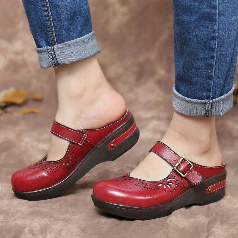 Handgjorda Läderutskärningar Spänne Remsömmar Slip-on Mules Halkfria Sandaler
