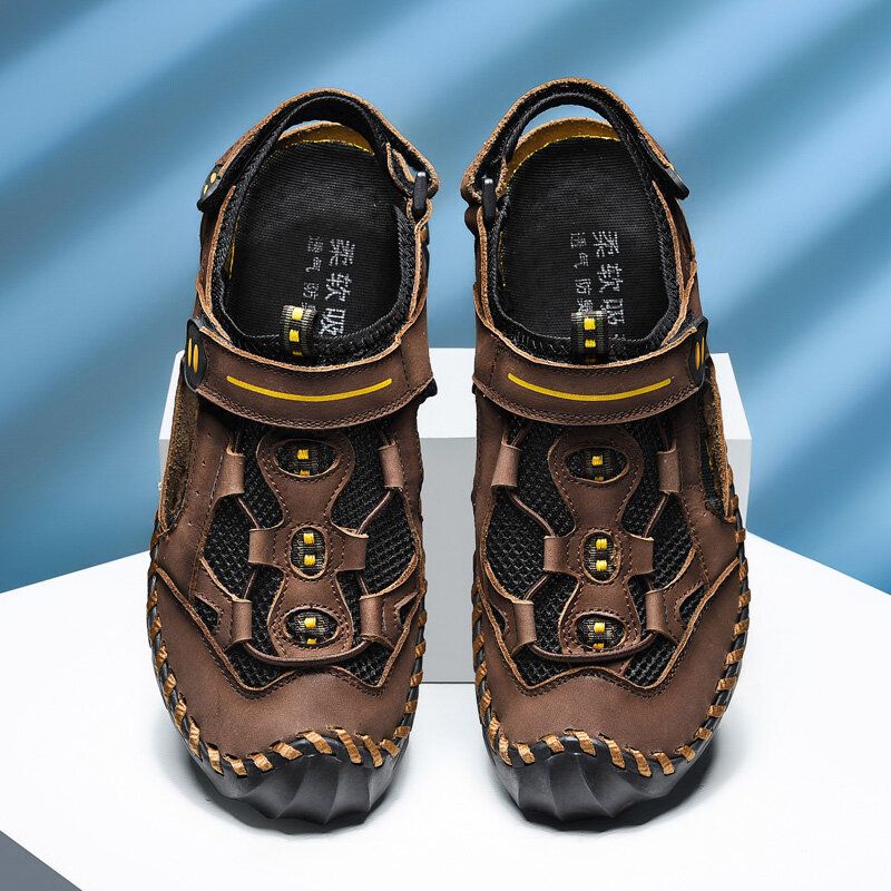 Herr Nötskinn Läder Andas Mesh Halkfri Handsömnad Mjuk Utomhus Casual Sandaler