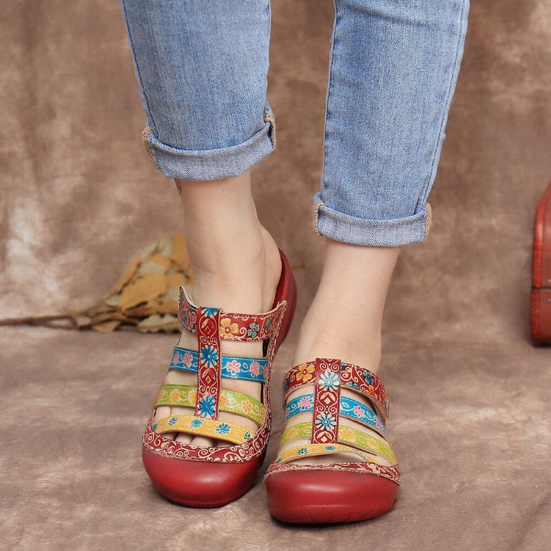 Läder Kontrast Splicing Justerbar Strap Slip On Mules Clogs Flat Sandaler