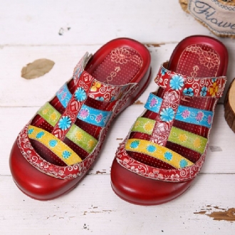 Läder Kontrast Splicing Justerbar Strap Slip On Mules Clogs Flat Sandaler
