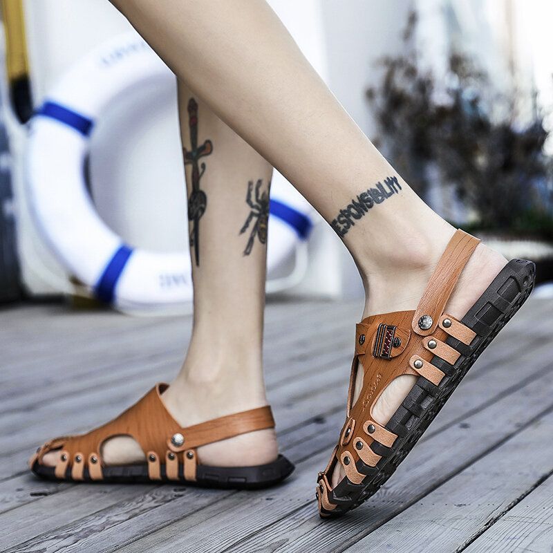 Sandaler I Äkta Läder För Män Casual Tvåvägs Andas Tofflor