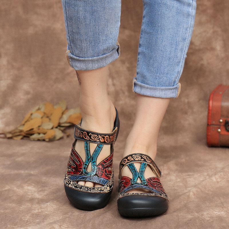 Vintage Läder Blommigt Utskärning Justerbar Rem Slip On Mules Clogs Flat Slides Sandaler