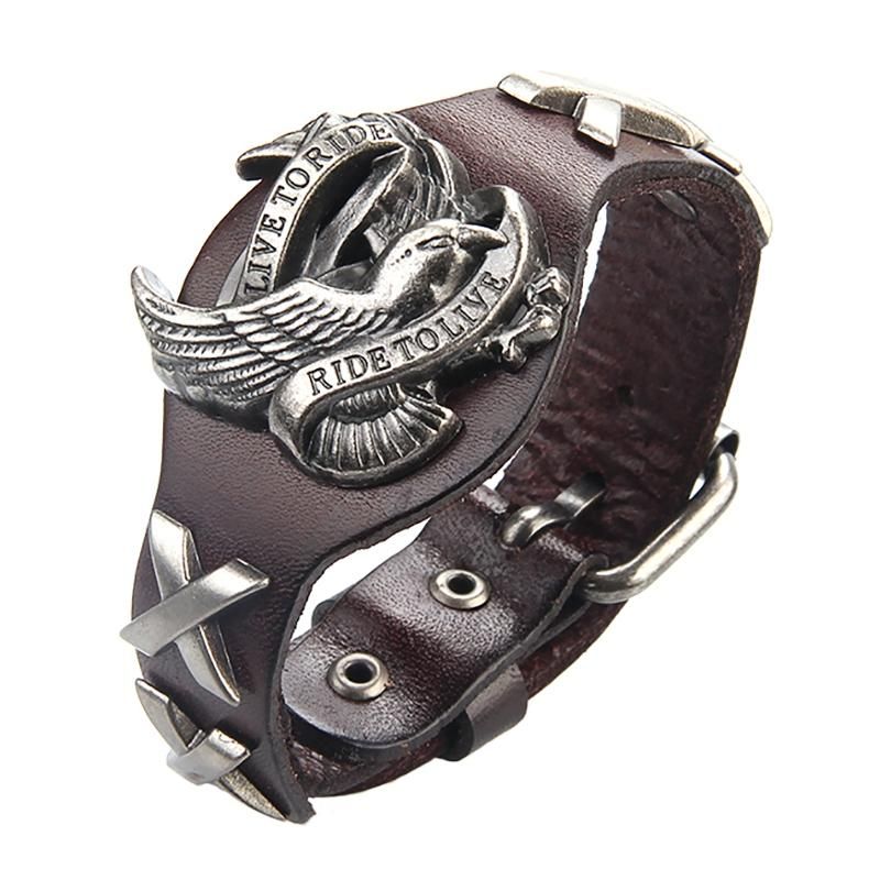 Punk Äkta Läder Wrap Armband Armband Legering Eagle Armband För Män Kvinnor