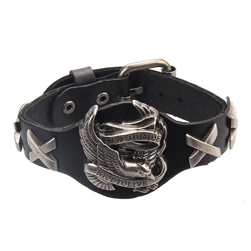 Punk Äkta Läder Wrap Armband Armband Legering Eagle Armband För Män Kvinnor