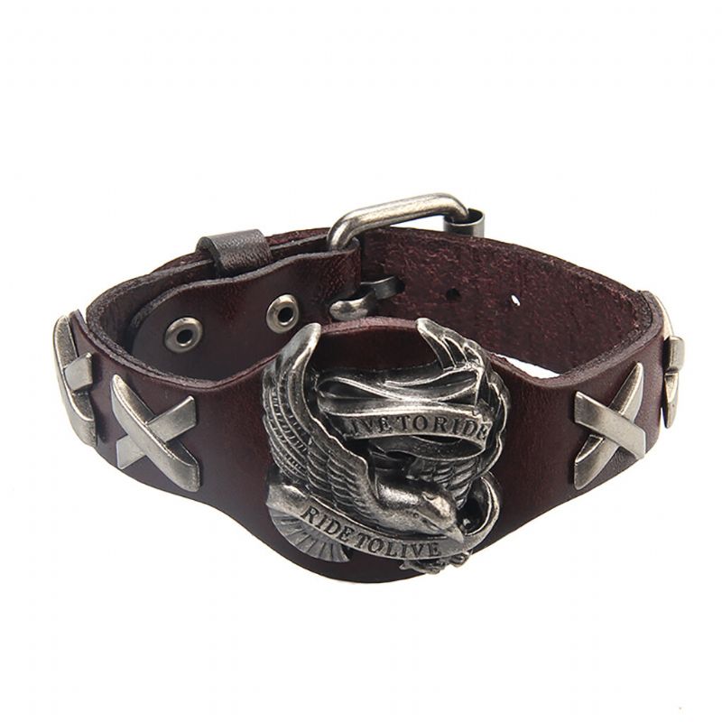 Punk Äkta Läder Wrap Armband Armband Legering Eagle Armband För Män Kvinnor