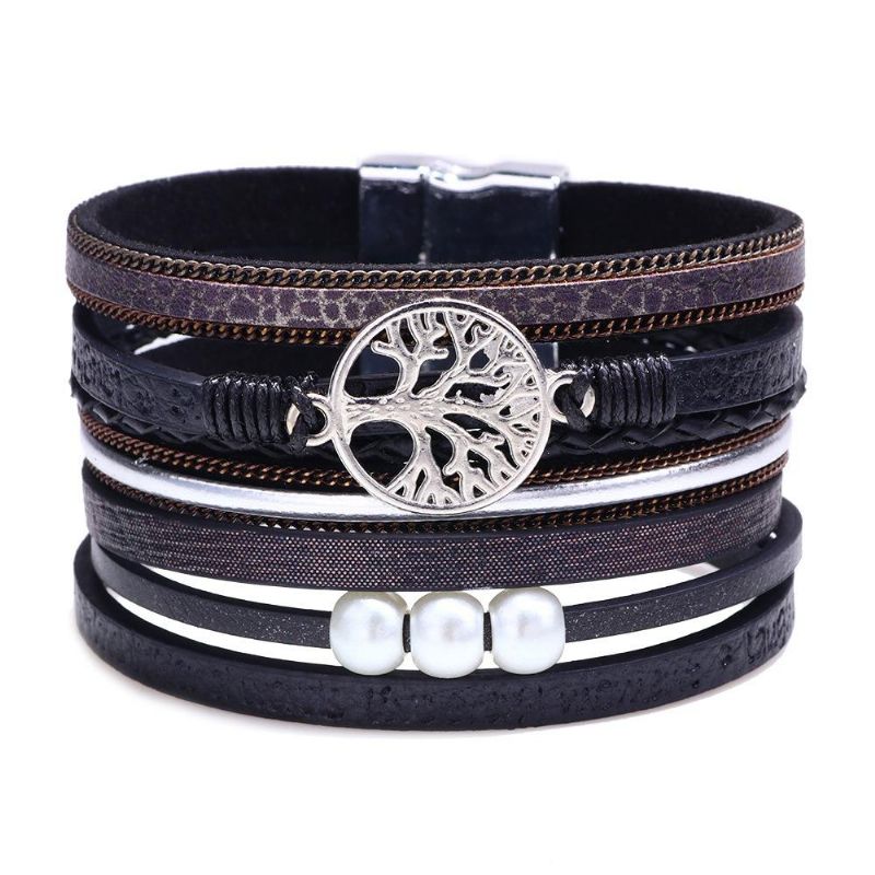 Vintage Life Tree Flerlagers Läderarmband Alloy Woven Lady Armband