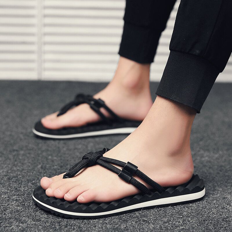 Herr Andas Vävda Snören Mjuk Botten Halkfri Bekväma Flip Flops Casual Tofflor