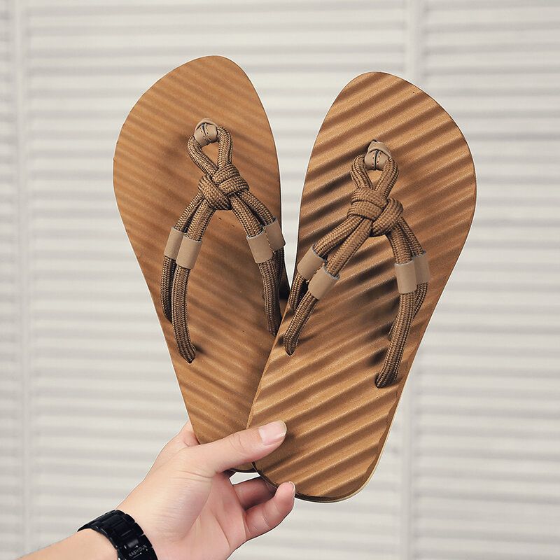 Herr Andas Vävda Snören Mjuk Botten Halkfri Bekväma Flip Flops Casual Tofflor