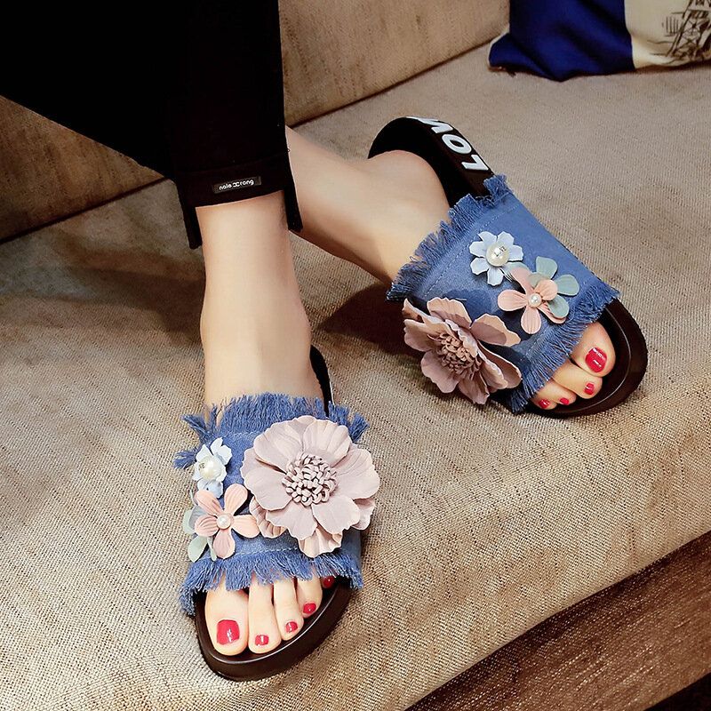 Kvinnor Casual Beach Flowers Denim Tofflor