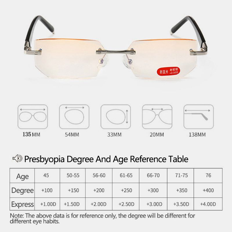 Unisex Anti-blått Ljusstrålning Båglös Metall Presbyopia Glasögon Högupplösta Läsglasögon
