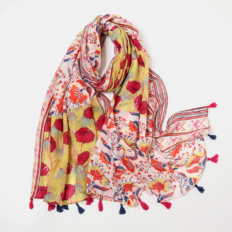 Dam Bomull Färgad Blommönster Scarf Bohemian Lång Tofs Dubbel Användning Solskydd Varm Sjal