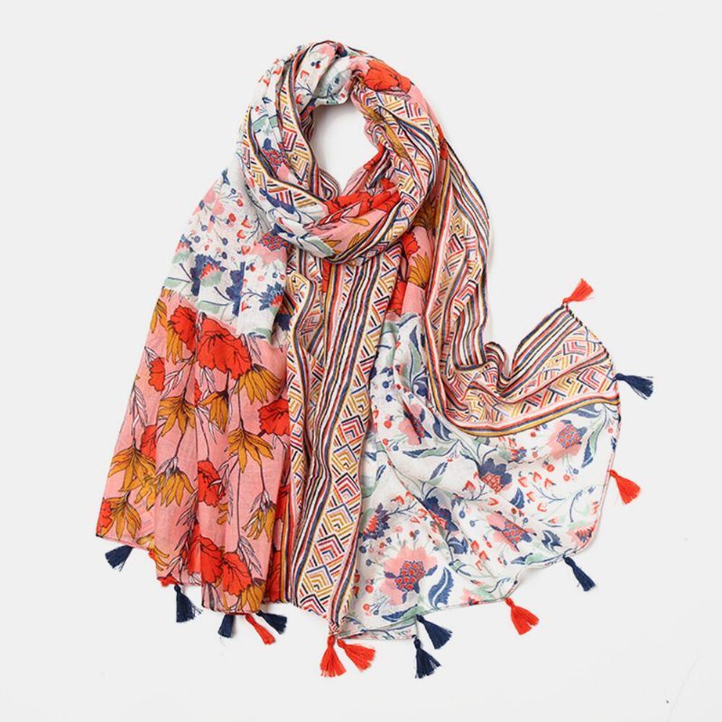 Dam Bomull Färgad Blommönster Scarf Bohemian Lång Tofs Dubbel Användning Solskydd Varm Sjal