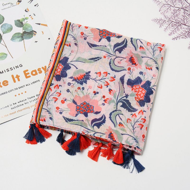Dam Bomull Färgad Blommönster Scarf Bohemian Lång Tofs Dubbel Användning Solskydd Varm Sjal