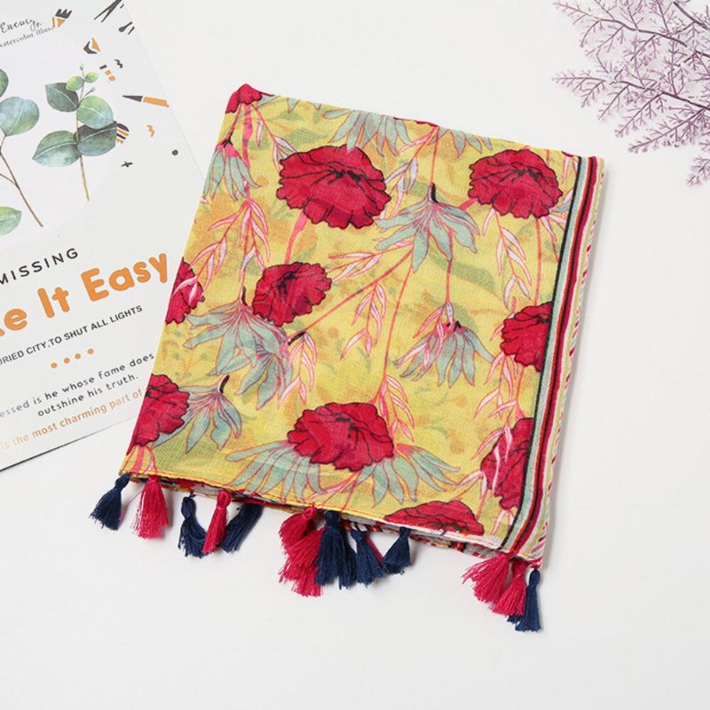 Dam Bomull Färgad Blommönster Scarf Bohemian Lång Tofs Dubbel Användning Solskydd Varm Sjal
