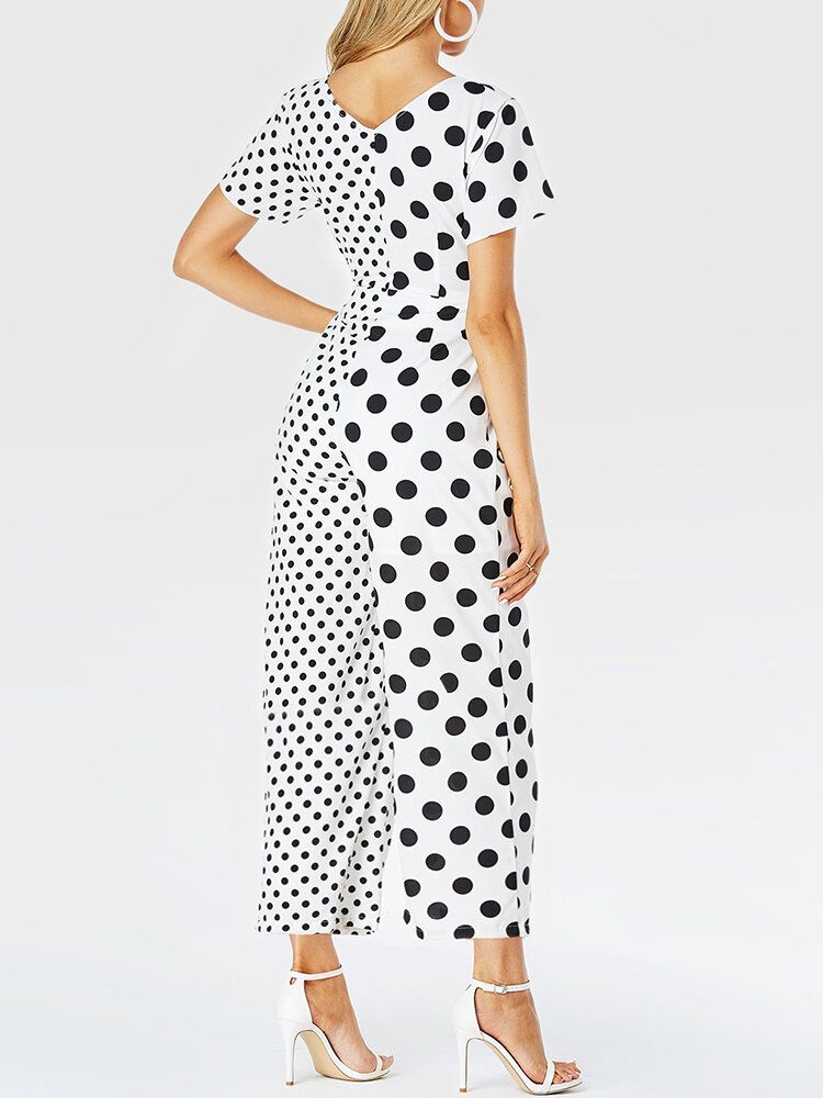 Dam Prickiga Tryck Patchwork Knutna Kortärmade Casual Jumpsuit Med Ficka