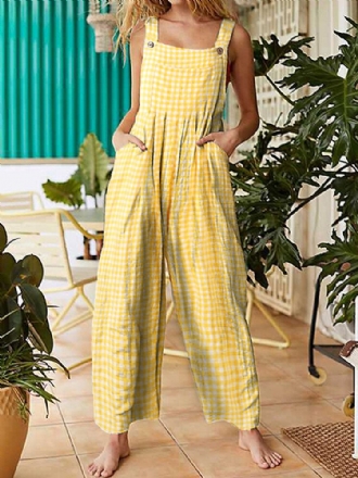 Kvinnor Ärmlös Slät Pläd Lös Sidoficka Casual Jumpsuits
