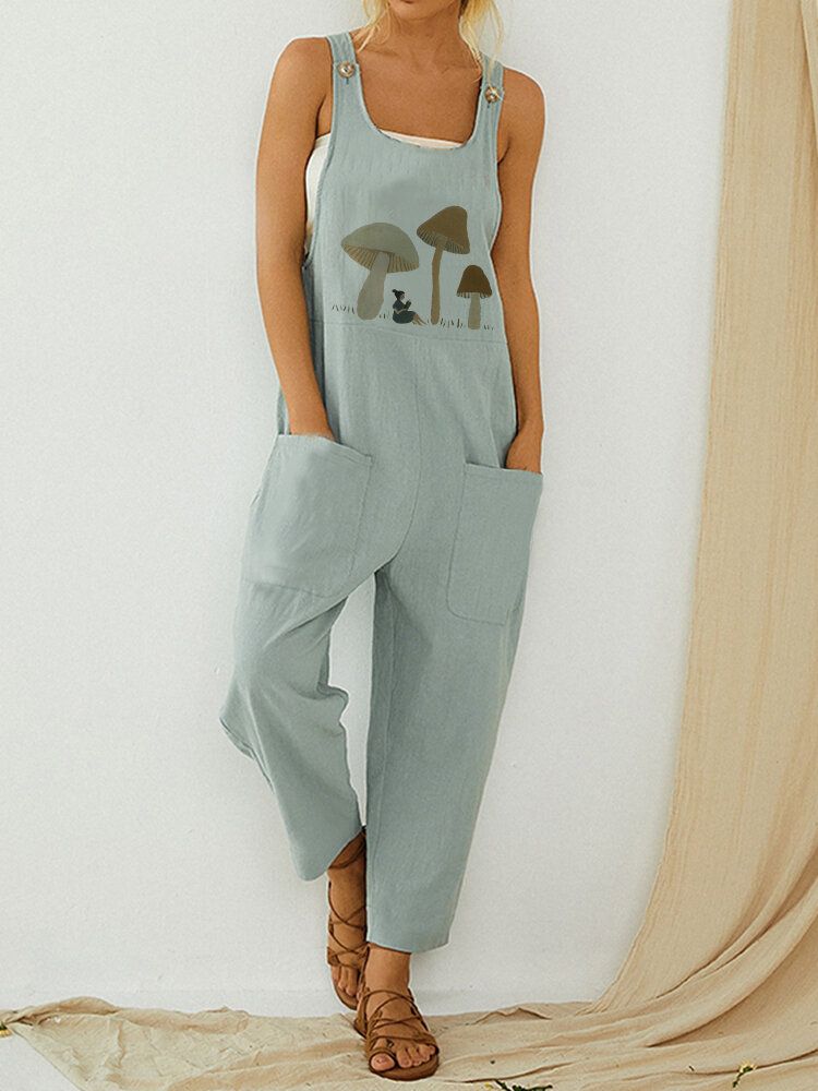 Mushroom Print Straps Ärmlösa Patchwork Fickknapp Casual Jumpsuit För Kvinnor