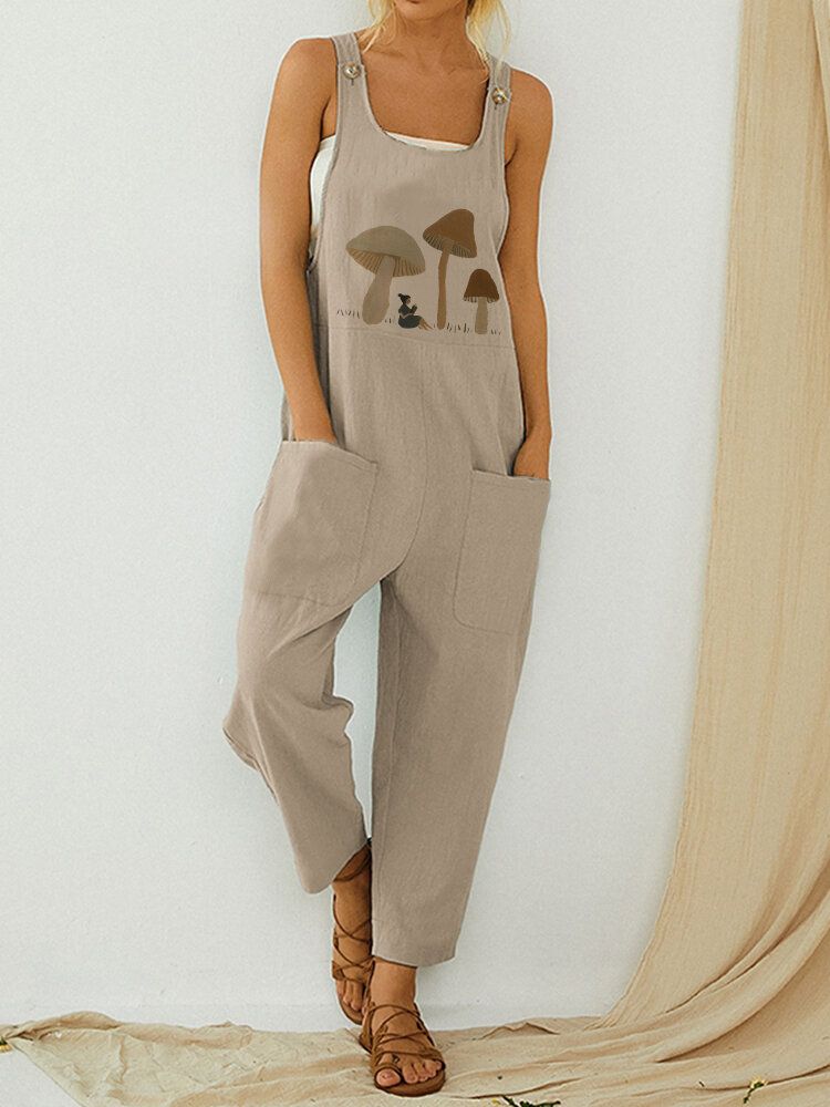 Mushroom Print Straps Ärmlösa Patchwork Fickknapp Casual Jumpsuit För Kvinnor