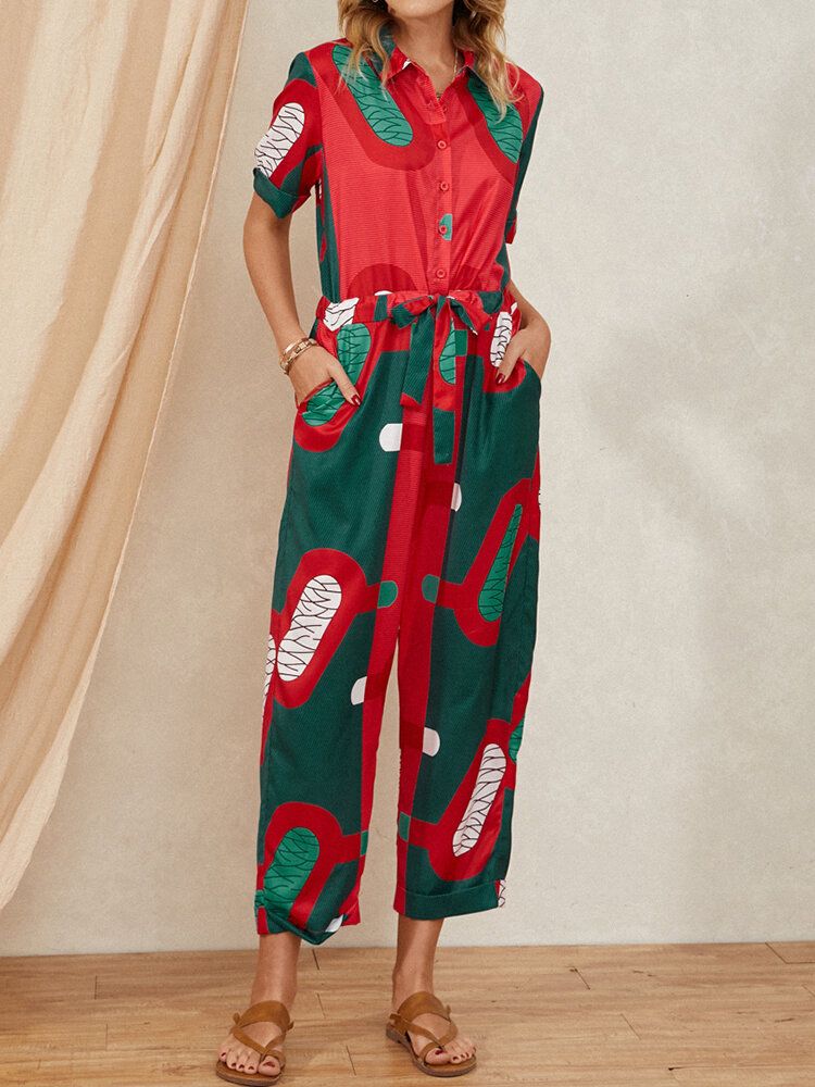 Vintage Tryckt Knutna Knappficka Lapel Collar Jumpsuit