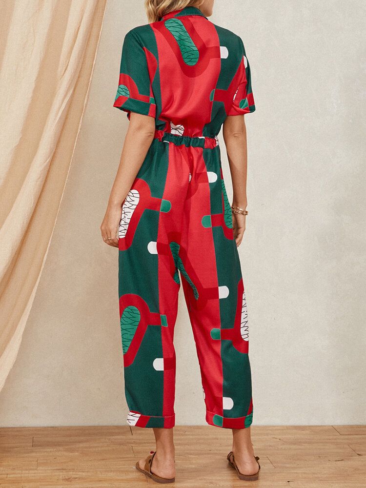 Vintage Tryckt Knutna Knappficka Lapel Collar Jumpsuit