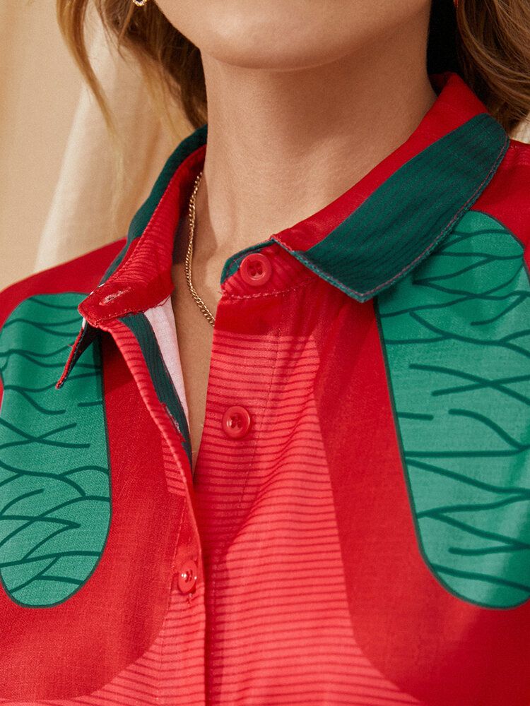 Vintage Tryckt Knutna Knappficka Lapel Collar Jumpsuit