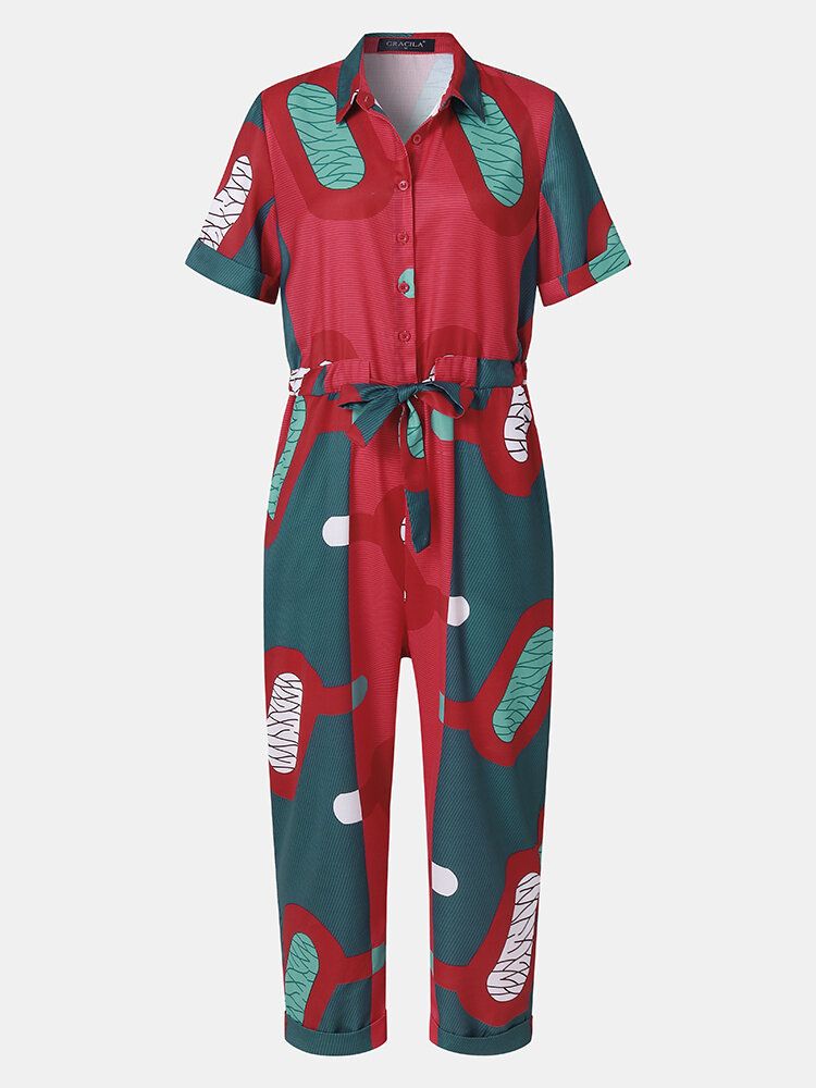 Vintage Tryckt Knutna Knappficka Lapel Collar Jumpsuit