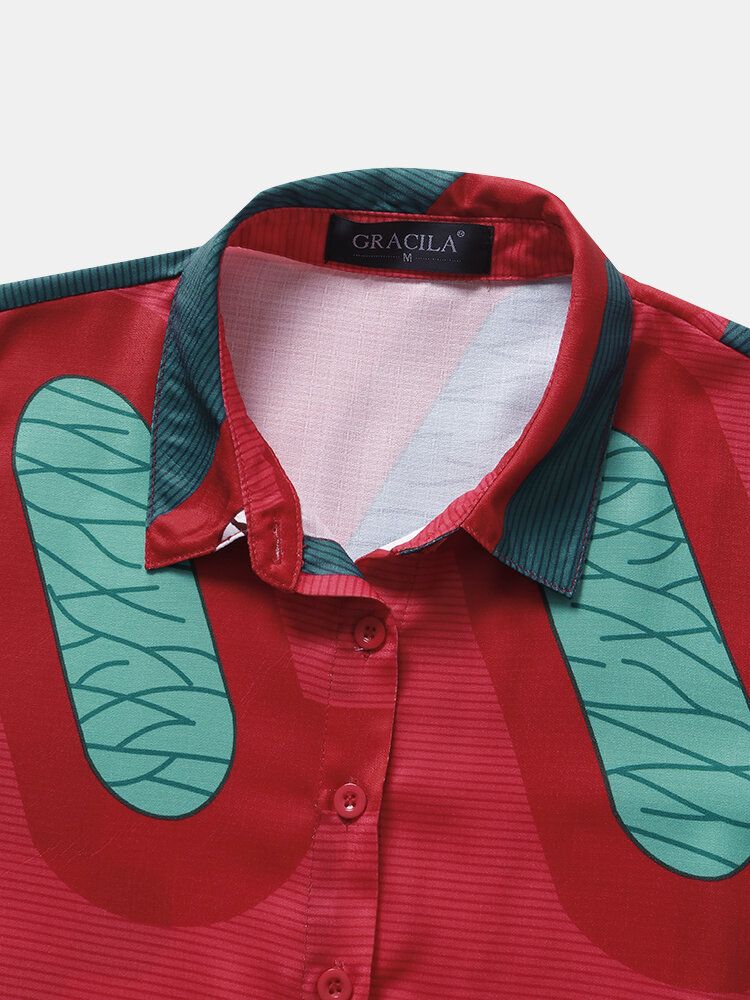 Vintage Tryckt Knutna Knappficka Lapel Collar Jumpsuit