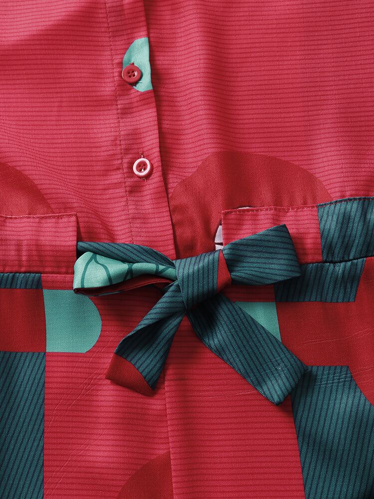 Vintage Tryckt Knutna Knappficka Lapel Collar Jumpsuit