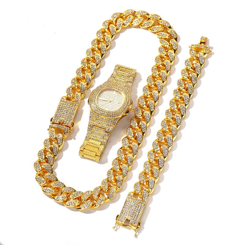 1/3 St Lyxiga Inlagda Strass Herrklocka Set Hip Hop Chain Halsband Armband