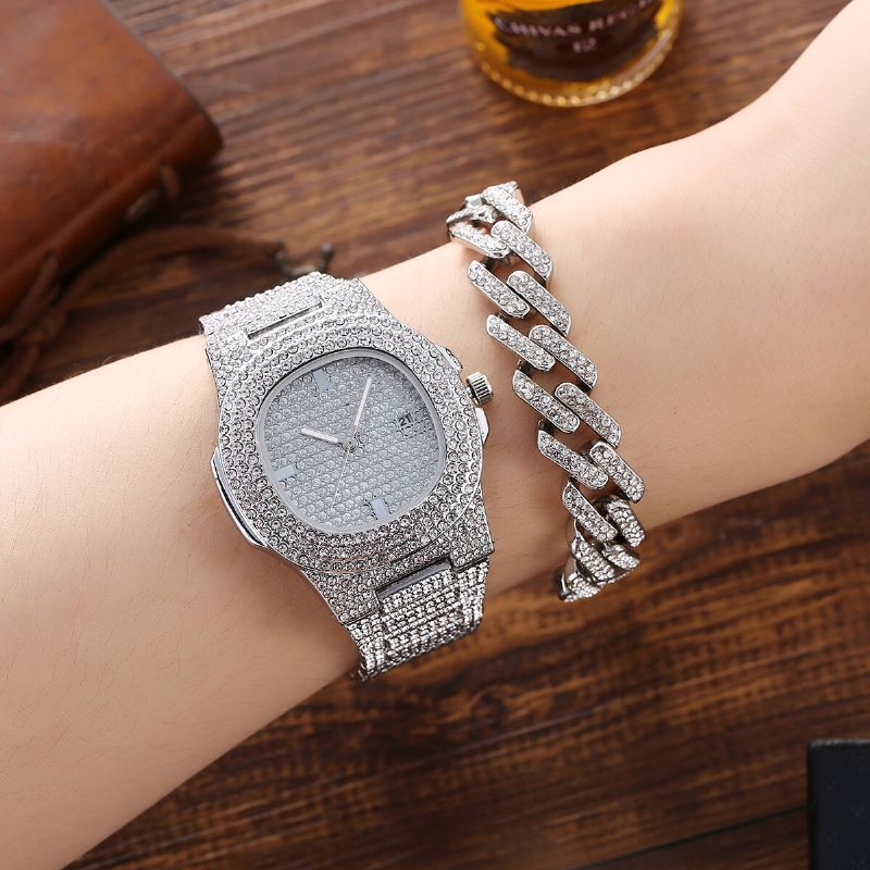 3 St Herrklocka Set Inlagt Diamantstålband Quartz Watch Halsband Armband Smycken Present Kit