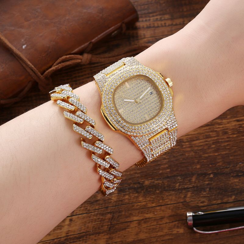 3st / Set Lyxmode Herrklocka Set Inlagd Strass Stålarmband Quartz Watch Halsband Armband