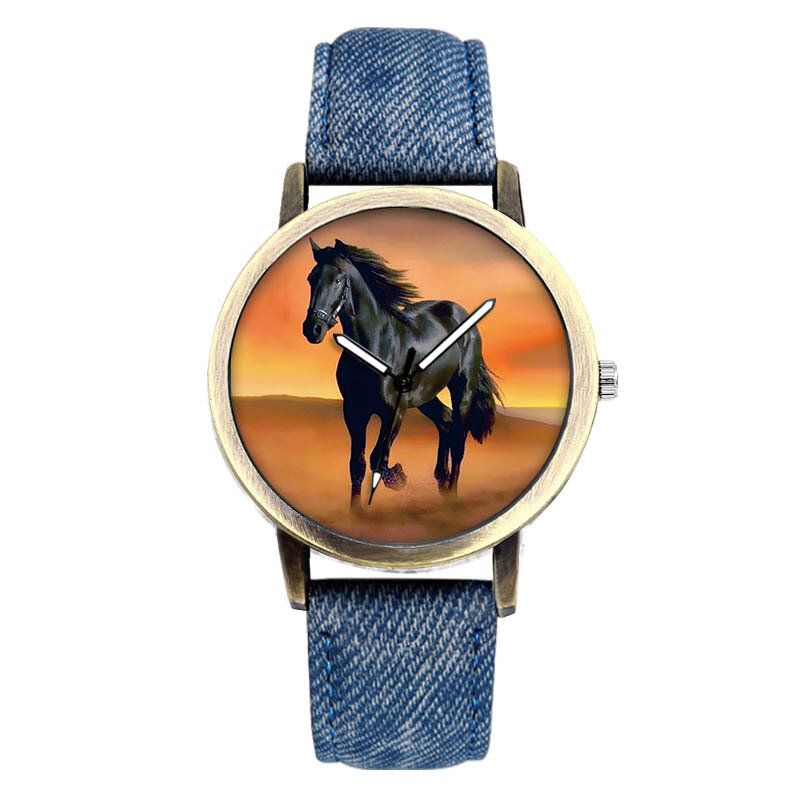 Casual Black Horse Desert Dial All-match Denim Armband Herr Quartz Watch Armbandsur