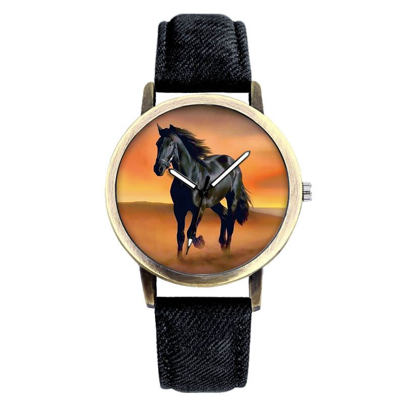 Casual Black Horse Desert Dial All-match Denim Armband Herr Quartz Watch Armbandsur