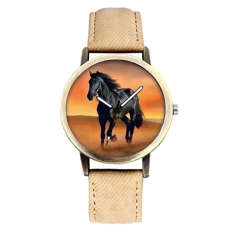 Casual Black Horse Desert Dial All-match Denim Armband Herr Quartz Watch Armbandsur