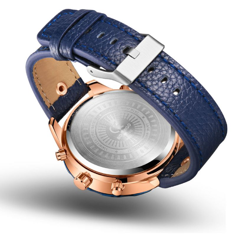 Dubbla Tidszoner Analog Digital Watch Läderband Led Light Herr Armbandsur