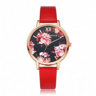 Flower Display Elegant Design Dam Armbandsur Pu Läder Band Quartz Watch