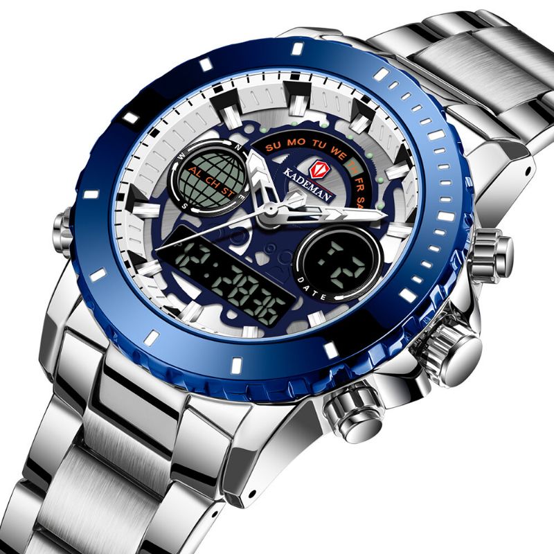Helt Rostfritt Stålband Nedräkningslarm 30m Vattentät Dual Display Digital Watch