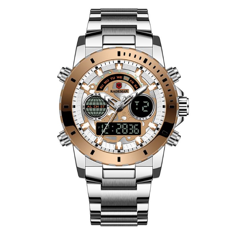 Helt Rostfritt Stålband Nedräkningslarm 30m Vattentät Dual Display Digital Watch