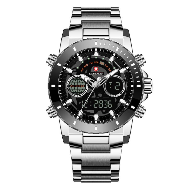 Helt Rostfritt Stålband Nedräkningslarm 30m Vattentät Dual Display Digital Watch