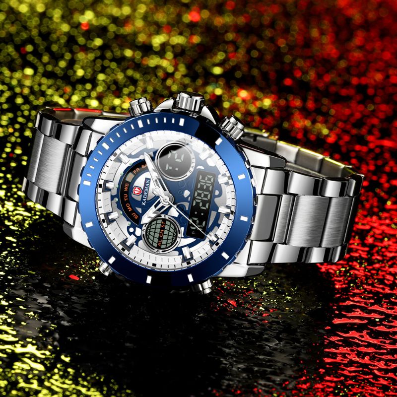 Helt Rostfritt Stålband Nedräkningslarm 30m Vattentät Dual Display Digital Watch