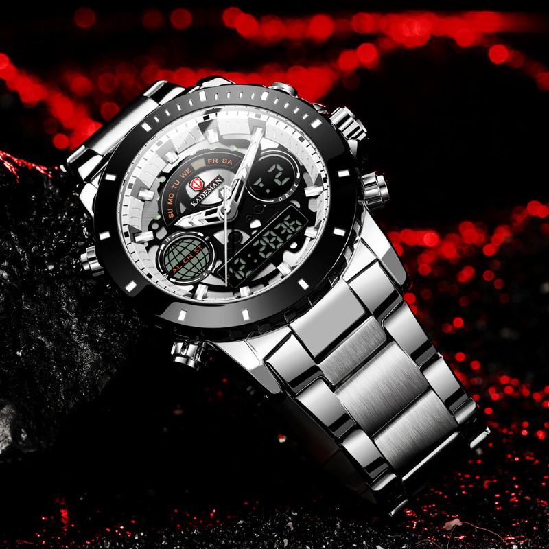 Helt Rostfritt Stålband Nedräkningslarm 30m Vattentät Dual Display Digital Watch