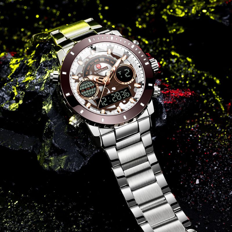 Helt Rostfritt Stålband Nedräkningslarm 30m Vattentät Dual Display Digital Watch