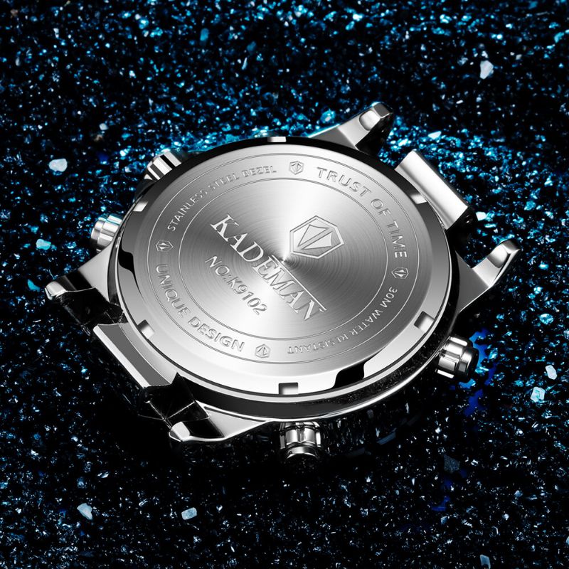 Helt Rostfritt Stålband Nedräkningslarm 30m Vattentät Dual Display Digital Watch