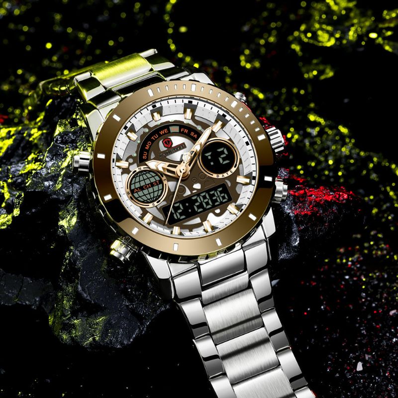 Helt Rostfritt Stålband Nedräkningslarm 30m Vattentät Dual Display Digital Watch