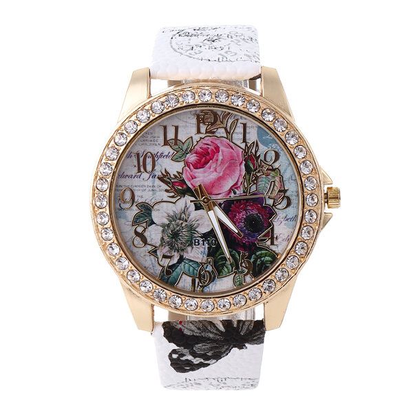 Mode Bohemia Style Damklocka Läderrem Retro Rose Pattern Quartz Watch