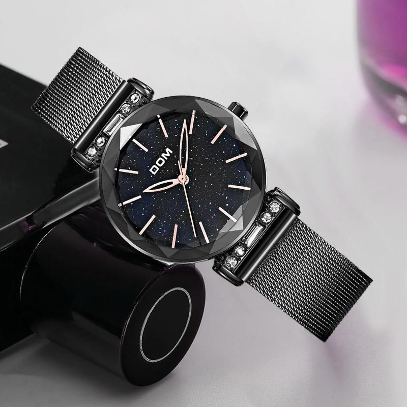 Mode Damklocka Starry Sky Dial Hardlex Glass Rostfritt Stål Armband Quartz Watch