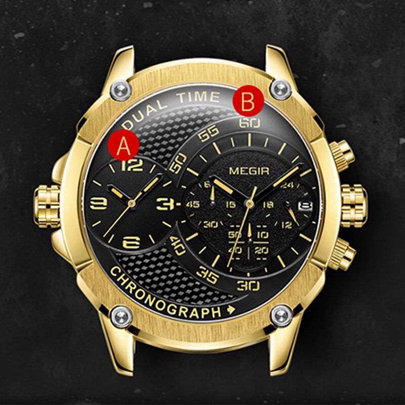 Mode Dubbel Tidszon Kalender Kronograf Lysande Män Vattentät Army Sports Läderrem Quartz Watch